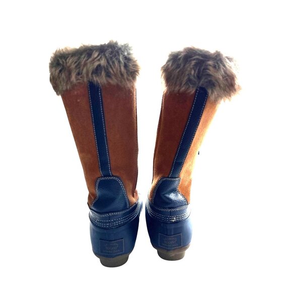 Sporto Duck Lace Up Boots Leather Tan Navy Faux Fur Lined Waterproof Zip Size 7 - Picture 4 of 8